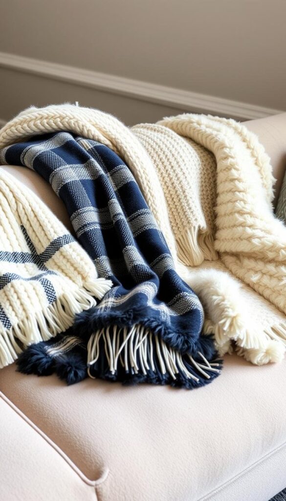 A cozy, well-lit indoor scene showcasing an assortment of high-quality, luxurious throw blankets arranged on a plush, neutral-toned sofa. The blankets feature a variety of textures and patterns, including soft, chunky knits, woven plaids, and fluffy faux furs in muted winter tones like ivory, gray, and navy. The scene radiates a sense of warmth and comfort, with soft, diffused lighting gently illuminating the fabrics. The camera angle is slightly elevated, capturing the throw blankets in an inviting, snuggle-worthy display.
