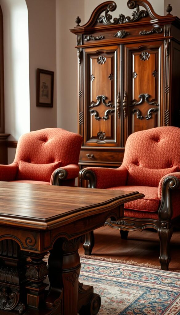 A cozy, well-lit interior setting featuring an arrangement of antique wooden furniture pieces. In the foreground, a sturdy, carved wooden table with intricate detailing and a smooth, weathered finish stands prominently. Surrounding it, a pair of matching armchairs upholstered in rich, textured fabrics, their designs reflecting the era's craftsmanship. In the middle ground, a tall, ornate wooden dresser with intricate carvings and brass hardware adds depth and character to the scene. The background is softly lit, highlighting the warm, golden tones of the wood and creating a inviting, timeless atmosphere. The overall composition conveys a sense of elegance, tradition, and the enduring beauty of these antique wooden furniture pieces. A cozy, well-lit interior setting featuring an arrangement of antique wooden furniture pieces. In the foreground, a sturdy, carved wooden table with intricate detailing and a smooth, weathered finish stands prominently. Surrounding it, a pair of matching armchairs upholstered in rich, textured fabrics, their designs reflecting the era's craftsmanship. In the middle ground, a tall, ornate wooden dresser with intricate carvings and brass hardware adds depth and character to the scene. The background is softly lit, highlighting the warm, golden tones of the wood and creating a inviting, timeless atmosphere. The overall composition conveys a sense of elegance, tradition, and the enduring beauty of these antique wooden furniture pieces.