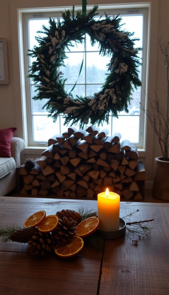 A cozy, well-lit living room, adorned with homemade winter decorations. In the foreground, a rustic wooden table displays an arrangement of pinecones, dried citrus slices, and a solitary candle flickering warmly. The middle ground features a plush, snow-dusted evergreen wreath hanging above a neatly stacked pile of firewood. In the background, a large window provides a scenic view of a snowy landscape, casting a soft, natural glow throughout the space. The overall atmosphere is one of simplicity, warmth, and the joy of handcrafted seasonal embellishments.