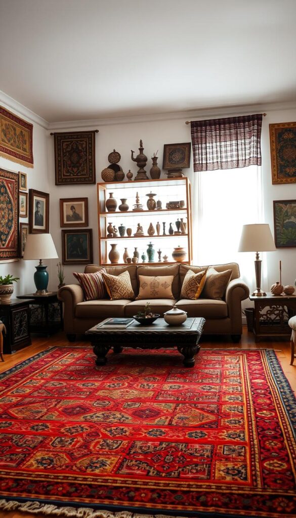 A cozy, well-lit living room showcases an assortment of ethnic decor items. In the foreground, a hand-woven area rug in vibrant hues anchors the space, complemented by a low, ornately carved coffee table. Across the room, a plush, tufted sofa is adorned with a collection of patterned throw pillows. On the walls, intricate tapestries and framed artwork in earthy tones create a warm, inviting ambiance. The middle ground features a sturdy, wooden bookshelf displaying a variety of decorative items, from handcrafted figurines to woven baskets. Soft, directional lighting filters through sheer curtains, casting a gentle glow over the scene. The overall atmosphere evokes a sense of cultural richness and attention to detail in maintaining an ethnic-inspired living space.