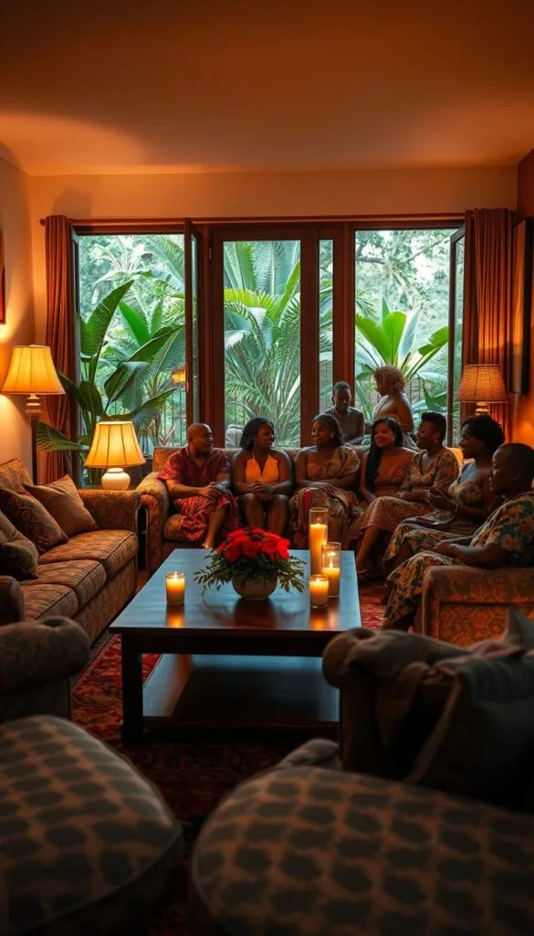 A cozy, well-lit living room with plush, richly patterned seating arranged around a low, wooden coffee table. The walls are adorned with vibrant, Afrocentric artwork and textiles, creating a warm, inviting atmosphere. Soft, indirect lighting from floor lamps and candles casts a gentle glow, highlighting the intricate details and textures throughout the space. In the middle ground, a group of friends and family members engage in lively conversation, their faces alight with joy and cultural connection. The background features large, open windows that frame a lush, verdant outdoor scene, blending the indoor and outdoor spaces seamlessly.