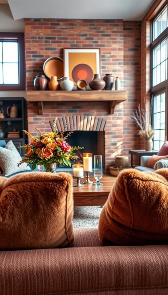 A cozy, well-lit living room with rich, warm accent colors. In the foreground, plush, earth-toned throw pillows and a soft, textured area rug anchor the space. The middle ground features a wooden coffee table topped with a bouquet of autumnal flowers and candles, casting a gentle glow. In the background, a brick fireplace mantel displays decorative ceramics and framed artwork in hues of ochre, terracotta, and deep burgundy. Large windows allow natural light to filter in, creating a welcoming, inviting atmosphere. The overall palette evokes a sense of comfort and sophistication. A cozy, well-lit living room with rich, warm accent colors. In the foreground, plush, earth-toned throw pillows and a soft, textured area rug anchor the space. The middle ground features a wooden coffee table topped with a bouquet of autumnal flowers and candles, casting a gentle glow. In the background, a brick fireplace mantel displays decorative ceramics and framed artwork in hues of ochre, terracotta, and deep burgundy. Large windows allow natural light to filter in, creating a welcoming, inviting atmosphere. The overall palette evokes a sense of comfort and sophistication.
