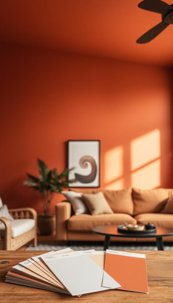 A cozy, well-lit living room with warm, earthy paint finishes. The walls are painted in a rich, terracotta hue with a subtle satin sheen, creating a inviting and calming atmosphere. The paint application showcases a seamless, uniform coverage, free of visible brush strokes or roller marks. The lighting, a combination of soft, indirect natural light and subtle ambient fixtures, accentuates the depth and texture of the paint's surface. In the foreground, a selection of paint samples in complementary tones are neatly arranged, providing visual inspiration for the viewer. The overall scene evokes a sense of comfort, sophistication, and attention to detail in home decor. A cozy, well-lit living room with warm, earthy paint finishes. The walls are painted in a rich, terracotta hue with a subtle satin sheen, creating a inviting and calming atmosphere. The paint application showcases a seamless, uniform coverage, free of visible brush strokes or roller marks. The lighting, a combination of soft, indirect natural light and subtle ambient fixtures, accentuates the depth and texture of the paint's surface. In the foreground, a selection of paint samples in complementary tones are neatly arranged, providing visual inspiration for the viewer. The overall scene evokes a sense of comfort, sophistication, and attention to detail in home decor.