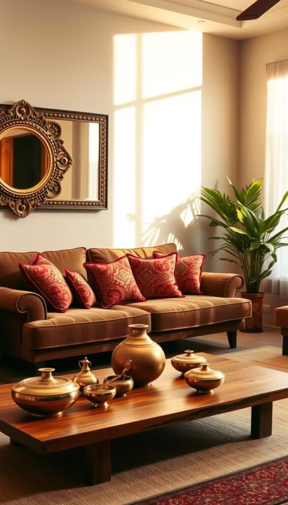 A cozy, well-lit modern Indian living room with warm, earthy tones and natural textures. In the foreground, a plush, inviting sofa adorned with vibrant, intricately patterned throw pillows. On the wall, a large, ornate mirror reflects the space, casting a soft, ambient glow. In the middle ground, a low, wooden coffee table displays a collection of brass and ceramic home decor pieces, infusing the room with a touch of traditional Indian elegance. The background features a large window, allowing natural light to pour in and illuminate the space, showcasing the room's minimalist, yet sophisticated design aesthetic.