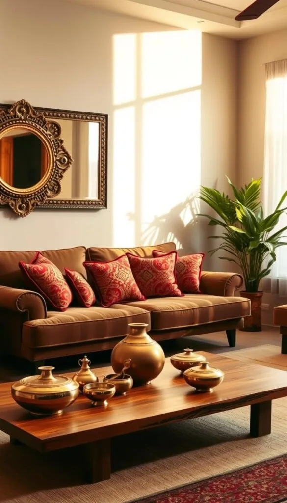 A cozy, well-lit modern Indian living room with warm, earthy tones and natural textures. In the foreground, a plush, inviting sofa adorned with vibrant, intricately patterned throw pillows. On the wall, a large, ornate mirror reflects the space, casting a soft, ambient glow. In the middle ground, a low, wooden coffee table displays a collection of brass and ceramic home decor pieces, infusing the room with a touch of traditional Indian elegance. The background features a large window, allowing natural light to pour in and illuminate the space, showcasing the room's minimalist, yet sophisticated design aesthetic.