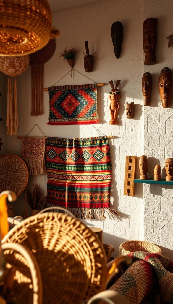 A cozy, well-lit room showcases an eclectic array of budget-friendly ethnic wall decor. In the foreground, handwoven baskets and macrame wall hangings in warm, earthy tones add textural interest. The middle ground features a collection of colorful, geometric-patterned textiles and tapestries, meticulously arranged to create a visually striking display. In the background, wooden carved masks and figurines in muted hues stand out against a subtly textured, neutral-toned wall, casting soft shadows that add depth and dimension to the space. The overall atmosphere is one of cultural richness, creativity, and a touch of rustic charm, inviting the viewer to explore the unique stories and traditions behind each piece. A cozy, well-lit room showcases an eclectic array of budget-friendly ethnic wall decor. In the foreground, handwoven baskets and macrame wall hangings in warm, earthy tones add textural interest. The middle ground features a collection of colorful, geometric-patterned textiles and tapestries, meticulously arranged to create a visually striking display. In the background, wooden carved masks and figurines in muted hues stand out against a subtly textured, neutral-toned wall, casting soft shadows that add depth and dimension to the space. The overall atmosphere is one of cultural richness, creativity, and a touch of rustic charm, inviting the viewer to explore the unique stories and traditions behind each piece.