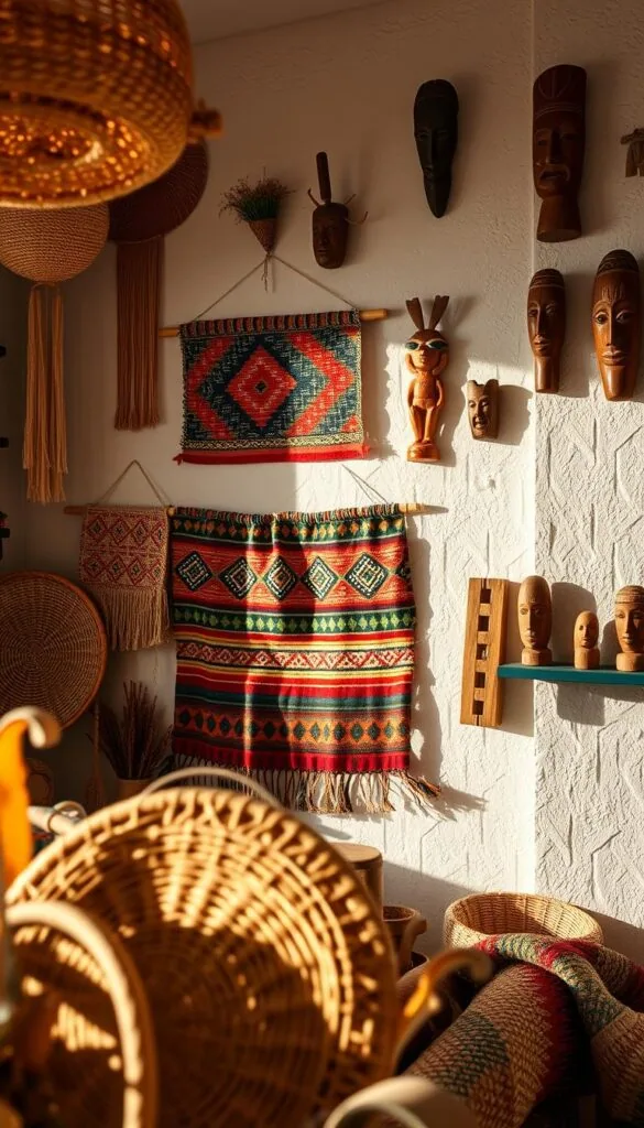 A cozy, well-lit room showcases an eclectic array of budget-friendly ethnic wall decor. In the foreground, handwoven baskets and macrame wall hangings in warm, earthy tones add textural interest. The middle ground features a collection of colorful, geometric-patterned textiles and tapestries, meticulously arranged to create a visually striking display. In the background, wooden carved masks and figurines in muted hues stand out against a subtly textured, neutral-toned wall, casting soft shadows that add depth and dimension to the space. The overall atmosphere is one of cultural richness, creativity, and a touch of rustic charm, inviting the viewer to explore the unique stories and traditions behind each piece. A cozy, well-lit room showcases an eclectic array of budget-friendly ethnic wall decor. In the foreground, handwoven baskets and macrame wall hangings in warm, earthy tones add textural interest. The middle ground features a collection of colorful, geometric-patterned textiles and tapestries, meticulously arranged to create a visually striking display. In the background, wooden carved masks and figurines in muted hues stand out against a subtly textured, neutral-toned wall, casting soft shadows that add depth and dimension to the space. The overall atmosphere is one of cultural richness, creativity, and a touch of rustic charm, inviting the viewer to explore the unique stories and traditions behind each piece.