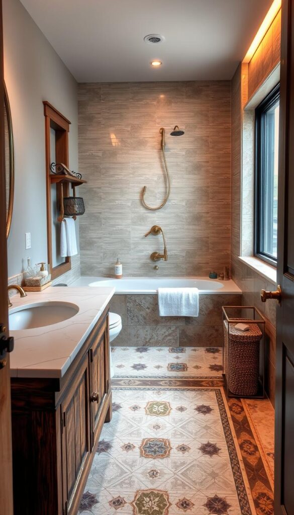 A cozy, well-lit small bathroom with a mix of natural materials and textures. In the foreground, a rustic wooden vanity with a marble countertop and brass fixtures. On the middle ground, a patterned tile floor with accents of stone and ceramic. In the background, a textured tile wall in a neutral color palette, complemented by a large window that allows natural light to flood the space. Warm, indirect lighting creates a soothing, spa-like atmosphere, highlighting the interplay of materials and their tactile qualities.