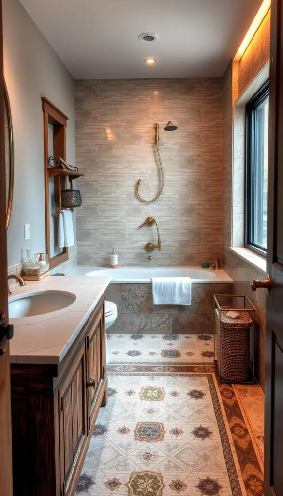 A cozy, well-lit small bathroom with a mix of natural materials and textures. In the foreground, a rustic wooden vanity with a marble countertop and brass fixtures. On the middle ground, a patterned tile floor with accents of stone and ceramic. In the background, a textured tile wall in a neutral color palette, complemented by a large window that allows natural light to flood the space. Warm, indirect lighting creates a soothing, spa-like atmosphere, highlighting the interplay of materials and their tactile qualities.