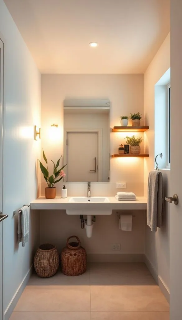 A cozy, well-lit small bathroom with a modern, minimalist aesthetic. Soft, warm lighting illuminates a large vanity mirror framed by sconce lights, creating a inviting ambiance. The mirror is flanked by floating shelves displaying decorative plants and personal items. The tile floor in a soothing neutral tone seamlessly transitions to the walls, creating a cohesive, spacious feel. Subtle textures, such as woven baskets and plush towels, add depth and warmth to the compact layout. The overall design maximizes the limited square footage while exuding a sense of calm and functionality.