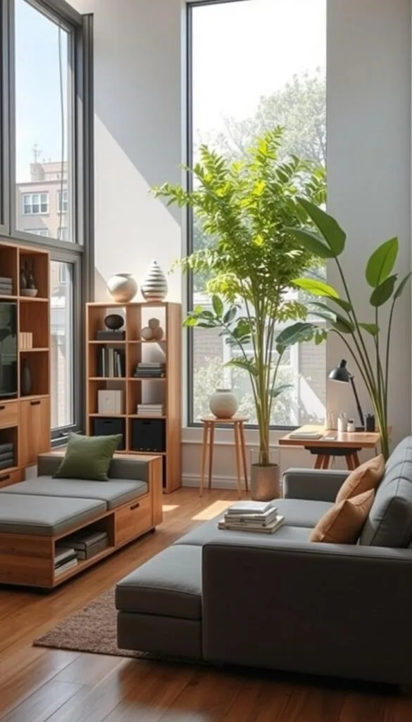 A cozy, well-lit small living room with a multifunctional furniture arrangement. In the foreground, a modular sofa with built-in storage and a folding coffee table that can double as a dining surface. Adjacent, a compact workstation with a slim desk and adjustable task lamp. In the middle ground, a shelving unit with both open and closed storage, displaying decorative objects and serving as a room divider. The background features large windows, letting in abundant natural light and framing a lush indoor plant. The overall mood is functional yet stylish, maximizing the limited space with clever, versatile furnishings.