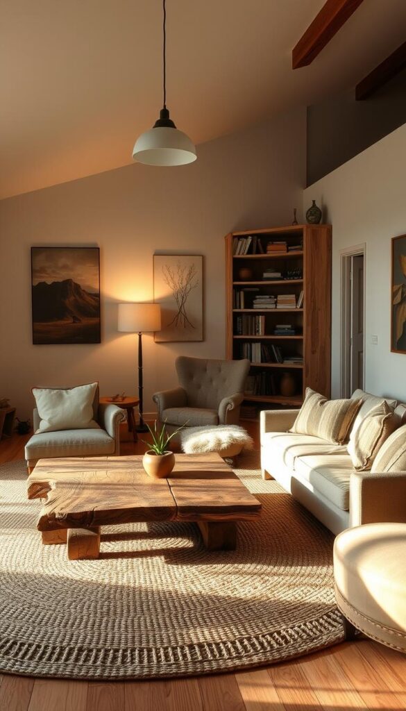 A cozy, well-lit sustainable living room with a focus on reclaimed wood furniture. The room features a large, low-profile sofa with plush cushions, complemented by a sturdy coffee table crafted from distressed wood planks. In the corner, a vintage armchair upholstered in earth-toned fabric sits adjacent to a tall, slender bookshelf made from repurposed timber. Soft, diffused lighting from floor lamps and a pendant fixture above casts a warm, inviting glow throughout the space. The walls are adorned with nature-inspired artwork, and a large, woven area rug grounds the composition. An open, airy atmosphere evokes a sense of harmony and environmental consciousness.
