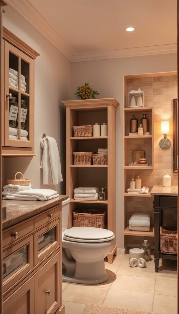 A cozy, well-organized bathroom interior with ample storage solutions. The foreground features a vanity cabinet with drawers and shelves, neatly displaying towels, toiletries, and other essentials. The middle ground showcases a freestanding cabinet or shelving unit, its compartments filled with baskets, jars, and decorative accents. The background reveals a tiled wall with recessed niches or shelves, creating additional storage space for bath products and decor. Warm, diffused lighting from sconces or a vanity mirror casts a soft, inviting glow throughout the scene. The overall mood is one of tranquility, efficiency, and a clutter-free, spa-like ambiance.