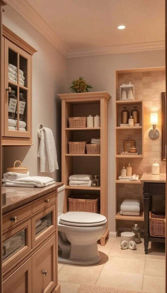A cozy, well-organized bathroom interior with ample storage solutions. The foreground features a vanity cabinet with drawers and shelves, neatly displaying towels, toiletries, and other essentials. The middle ground showcases a freestanding cabinet or shelving unit, its compartments filled with baskets, jars, and decorative accents. The background reveals a tiled wall with recessed niches or shelves, creating additional storage space for bath products and decor. Warm, diffused lighting from sconces or a vanity mirror casts a soft, inviting glow throughout the scene. The overall mood is one of tranquility, efficiency, and a clutter-free, spa-like ambiance. A cozy, well-organized bathroom interior with ample storage solutions. The foreground features a vanity cabinet with drawers and shelves, neatly displaying towels, toiletries, and other essentials. The middle ground showcases a freestanding cabinet or shelving unit, its compartments filled with baskets, jars, and decorative accents. The background reveals a tiled wall with recessed niches or shelves, creating additional storage space for bath products and decor. Warm, diffused lighting from sconces or a vanity mirror casts a soft, inviting glow throughout the scene. The overall mood is one of tranquility, efficiency, and a clutter-free, spa-like ambiance.