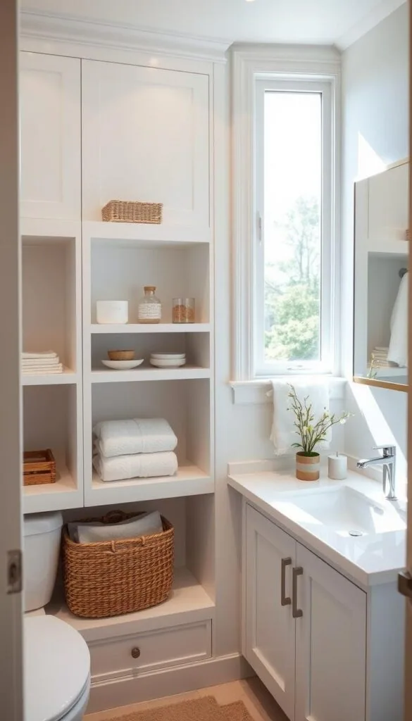 A cozy, well-organized bathroom with bright natural lighting cascading through a large window, illuminating the sleek, minimalist storage solutions. Crisp white walls and vanity provide a clean backdrop, complemented by natural wood accents and a woven basket for towels. Recessed shelves tastefully display decorative items, while a mirrored cabinet offers ample hidden storage space. The overall atmosphere is fresh, relaxing, and inviting - a serene sanctuary perfectly suited for a summer getaway.