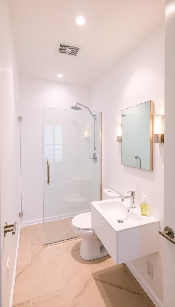 A cozy, well-organized small bathroom with a fresh, modern look. The room features bright white walls, a floating vanity with sleek, minimalist fixtures, and a midsized mirror that enhances the sense of space. A simple, clean-lined shower enclosure with a transparent glass panel occupies one corner, while the floor is covered in neutral-toned, high-quality vinyl tiles. Soft, indirect lighting from recessed ceiling fixtures and a wall-mounted sconce creates a warm, inviting atmosphere. The overall design showcases a balance of functionality and style, demonstrating how a budget-friendly renovation can elevate a compact bathroom space. A cozy, well-organized small bathroom with a fresh, modern look. The room features bright white walls, a floating vanity with sleek, minimalist fixtures, and a midsized mirror that enhances the sense of space. A simple, clean-lined shower enclosure with a transparent glass panel occupies one corner, while the floor is covered in neutral-toned, high-quality vinyl tiles. Soft, indirect lighting from recessed ceiling fixtures and a wall-mounted sconce creates a warm, inviting atmosphere. The overall design showcases a balance of functionality and style, demonstrating how a budget-friendly renovation can elevate a compact bathroom space.