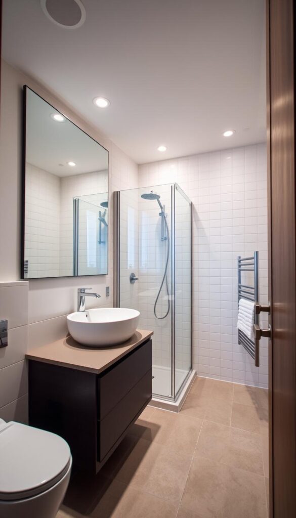 A cozy, well-organized small bathroom with a modern, minimalist aesthetic. The foreground features a sleek vanity with a floating sink and ample storage space, complemented by a large, frameless mirror that creates the illusion of depth. The middle ground showcases a compact, space-saving shower enclosure with a glass door, allowing natural light to flow through. The background features clean, white tile walls and a simple, yet functional towel rack. Subtle lighting, such as recessed ceiling lights, casts a warm, inviting glow throughout the room. The overall atmosphere conveys a sense of efficient, streamlined design that maximizes the limited square footage. A cozy, well-organized small bathroom with a modern, minimalist aesthetic. The foreground features a sleek vanity with a floating sink and ample storage space, complemented by a large, frameless mirror that creates the illusion of depth. The middle ground showcases a compact, space-saving shower enclosure with a glass door, allowing natural light to flow through. The background features clean, white tile walls and a simple, yet functional towel rack. Subtle lighting, such as recessed ceiling lights, casts a warm, inviting glow throughout the room. The overall atmosphere conveys a sense of efficient, streamlined design that maximizes the limited square footage.