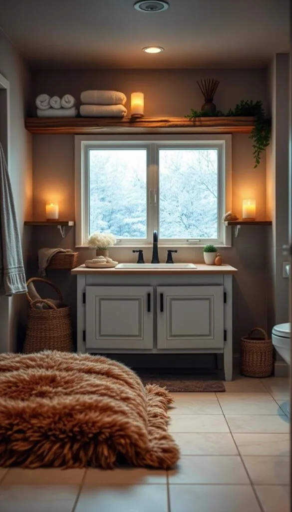 A cozy winter bathroom oasis, soft lighting illuminates a well-organized vanity with rustic wooden shelves, adorned with fluffy towels, candles, and a touch of greenery. In the foreground, a plush rug in earthy tones rests on the tiled floor, while the background features a frosty window overlooking a snowy landscape. The atmosphere is serene and inviting, perfect for starting the day with a sense of warmth and functionality.