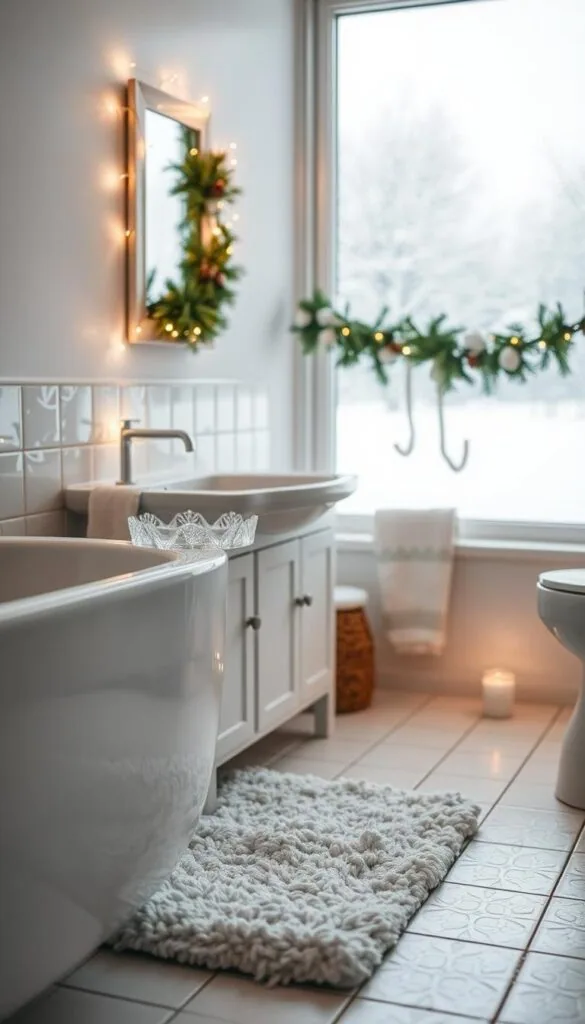 A cozy winter bathroom scene with a soft, muted color palette. In the foreground, a plush bath mat in a wintery pattern, like snowflakes or pine trees, rests on the tiled floor. On the vanity, an elegant, crystal-adorned soap dish and a hand towel with a subtle icy design. Delicate string lights shine a warm glow, casting a gentle ambiance throughout the space. Framing the mirror, a garland of evergreen branches and pinecones. In the background, a snow-covered landscape visible through the frosted window, evoking a tranquil, serene atmosphere. The overall mood is inviting, calming, and infused with the essence of the winter season.