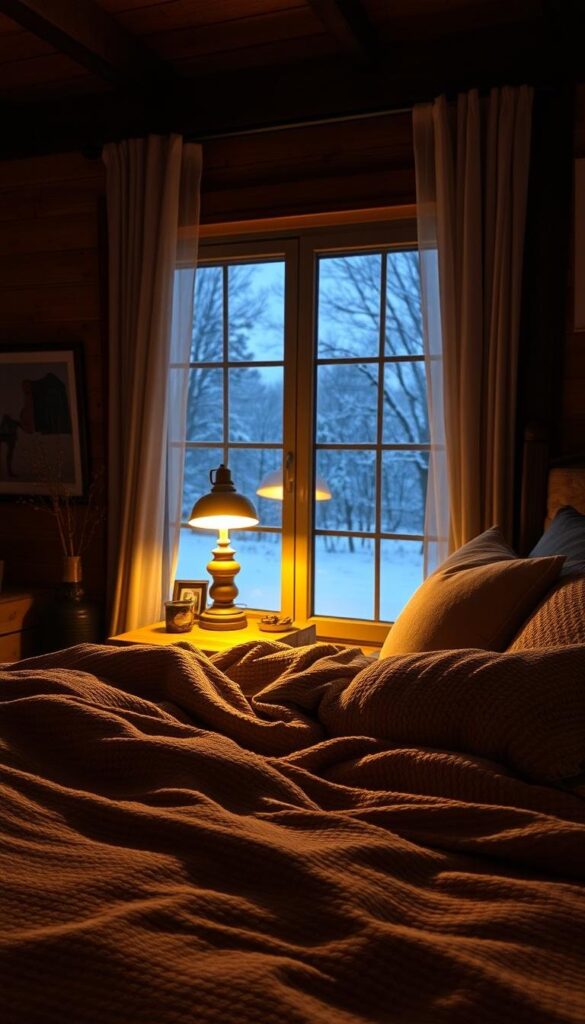 A cozy winter bedroom bathed in a warm, ambient glow. The foreground features a plush, textured comforter in muted tones, accented by soft throw pillows and a rustic wooden nightstand. Gentle light emanates from a vintage-inspired table lamp, casting a golden hue across the scene. In the middle ground, a large window overlooks a snowy landscape, the dim daylight filtering through sheer curtains. The background showcases a mix of natural wood tones and exposed brick, creating a harmonious, inviting atmosphere perfect for lazy mornings and frosty nights. A cozy winter bedroom bathed in a warm, ambient glow. The foreground features a plush, textured comforter in muted tones, accented by soft throw pillows and a rustic wooden nightstand. Gentle light emanates from a vintage-inspired table lamp, casting a golden hue across the scene. In the middle ground, a large window overlooks a snowy landscape, the dim daylight filtering through sheer curtains. The background showcases a mix of natural wood tones and exposed brick, creating a harmonious, inviting atmosphere perfect for lazy mornings and frosty nights.