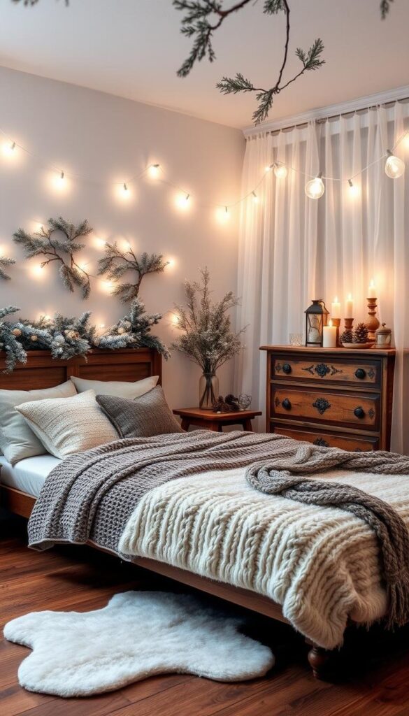 A cozy winter bedroom, the walls adorned with snow-dusted pine branches, string lights casting a warm glow. On the bed, plush pillows and a chunky knit blanket invite relaxation. A sheepskin rug softens the hardwood floor, while a vintage wooden dresser stands tall, its surface decorated with pinecones and candles. Soft ambient lighting filters through sheer curtains, creating a serene and inviting atmosphere. The scene exudes a sense of comfort and tranquility, perfectly capturing the essence of a winter retreat. A cozy winter bedroom, the walls adorned with snow-dusted pine branches, string lights casting a warm glow. On the bed, plush pillows and a chunky knit blanket invite relaxation. A sheepskin rug softens the hardwood floor, while a vintage wooden dresser stands tall, its surface decorated with pinecones and candles. Soft ambient lighting filters through sheer curtains, creating a serene and inviting atmosphere. The scene exudes a sense of comfort and tranquility, perfectly capturing the essence of a winter retreat.