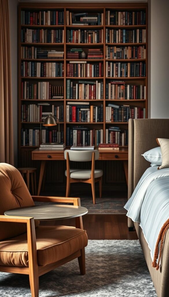 A cozy winter bedroom with a plush armchair and a sleek side table in the foreground, both crafted from natural wood and lush fabrics. In the middle ground, a minimalist yet functional writing desk with drawers and a sturdy chair, bathed in soft, warm lighting. In the background, a tall bookshelf filled with eclectic volumes, creating a sense of intellectual and aesthetic harmony. The overall atmosphere is one of comfort, practicality, and refined elegance, perfect for lazy mornings and frosty nights. A cozy winter bedroom with a plush armchair and a sleek side table in the foreground, both crafted from natural wood and lush fabrics. In the middle ground, a minimalist yet functional writing desk with drawers and a sturdy chair, bathed in soft, warm lighting. In the background, a tall bookshelf filled with eclectic volumes, creating a sense of intellectual and aesthetic harmony. The overall atmosphere is one of comfort, practicality, and refined elegance, perfect for lazy mornings and frosty nights.