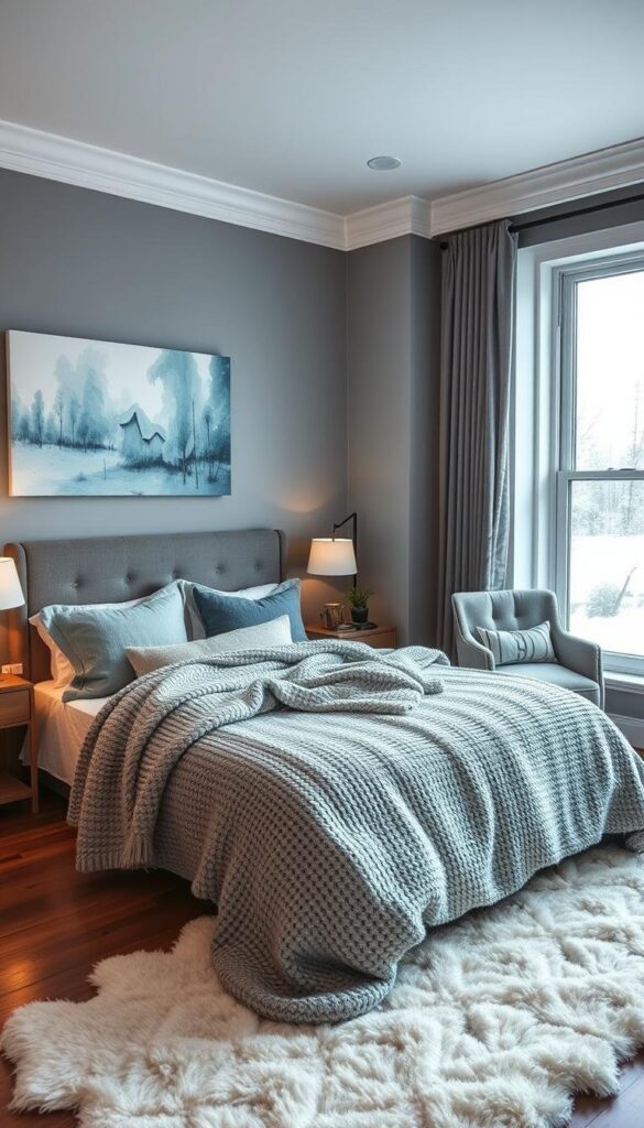 A cozy winter bedroom with a serene color palette of soft blues, muted grays, and warm whites. The room features a plush king-sized bed draped in heavy, knitted blankets and flanked by nightstands with glowing table lamps. In the corner, an armchair is nestled beside a large window, offering a view of a snowy landscape outside. The walls are adorned with abstract art in shades of icy blue, and a fluffy, white rug covers the hardwood floor. The overall atmosphere is one of tranquility and coziness, inviting the viewer to curl up and enjoy a lazy winter morning. A cozy winter bedroom with a serene color palette of soft blues, muted grays, and warm whites. The room features a plush king-sized bed draped in heavy, knitted blankets and flanked by nightstands with glowing table lamps. In the corner, an armchair is nestled beside a large window, offering a view of a snowy landscape outside. The walls are adorned with abstract art in shades of icy blue, and a fluffy, white rug covers the hardwood floor. The overall atmosphere is one of tranquility and coziness, inviting the viewer to curl up and enjoy a lazy winter morning.