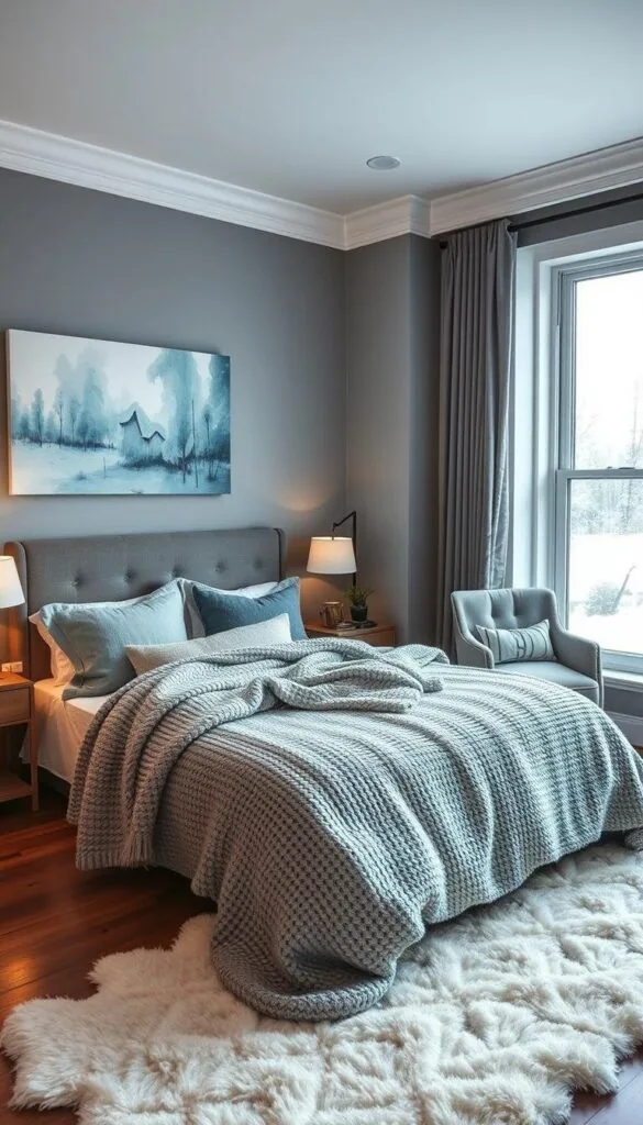 A cozy winter bedroom with a serene color palette of soft blues, muted grays, and warm whites. The room features a plush king-sized bed draped in heavy, knitted blankets and flanked by nightstands with glowing table lamps. In the corner, an armchair is nestled beside a large window, offering a view of a snowy landscape outside. The walls are adorned with abstract art in shades of icy blue, and a fluffy, white rug covers the hardwood floor. The overall atmosphere is one of tranquility and coziness, inviting the viewer to curl up and enjoy a lazy winter morning.