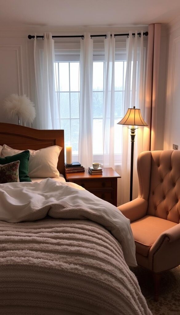 A cozy winter bedroom with plush, textured bedding in soft shades of gray and white. Warm accent pillows in shades of forest green and burgundy lie against a wood-paneled headboard. A vintage-inspired nightstand holds a flickering candle and a stack of antique books. Sheer curtains flutter gently, framing a snow-covered landscape outside the window. The light from a single floor lamp creates a warm, inviting glow, casting long shadows across the room. An elegant, high-backed armchair sits near the window, inviting one to curl up with a hot mug of tea and watch the winter weather unfold. A cozy winter bedroom with plush, textured bedding in soft shades of gray and white. Warm accent pillows in shades of forest green and burgundy lie against a wood-paneled headboard. A vintage-inspired nightstand holds a flickering candle and a stack of antique books. Sheer curtains flutter gently, framing a snow-covered landscape outside the window. The light from a single floor lamp creates a warm, inviting glow, casting long shadows across the room. An elegant, high-backed armchair sits near the window, inviting one to curl up with a hot mug of tea and watch the winter weather unfold.
