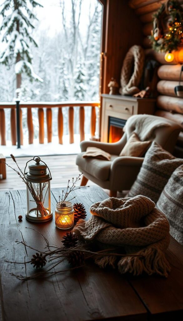 A cozy winter cabin nestled in a snowy forest, with warm lighting from a fireplace casting a soft glow. In the foreground, a rustic wooden table adorned with natural elements like pinecones, dried flowers, and a mason jar filled with twigs. Atop the table, a vintage-inspired lantern and a hand-knitted winter scarf. The middle ground features a plush, fur-lined armchair and a wooden bench, both accented with textured throw pillows. In the background, a large window overlooks the serene, snow-covered landscape outside. The overall scene evokes a sense of hygge and invites the viewer to imagine curling up in this peaceful, upcycled winter oasis.