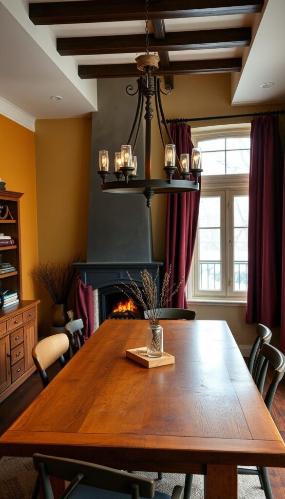 A cozy winter dining room, bathed in a warm, earthy color palette. Soft, muted tones of ochre, mustard, and olive green adorn the walls, complemented by rich, burgundy curtains that frame the window. A sturdy, wooden table takes center stage, surrounded by mismatched chairs in varying shades of brown and gray. Overhead, a rustic, wrought-iron chandelier casts a gentle, ambient glow, illuminating the space with a sense of hygge. In the background, a crackling fireplace adds a touch of coziness, while the soft, muted daylight filters in, creating a serene and inviting atmosphere. A cozy winter dining room, bathed in a warm, earthy color palette. Soft, muted tones of ochre, mustard, and olive green adorn the walls, complemented by rich, burgundy curtains that frame the window. A sturdy, wooden table takes center stage, surrounded by mismatched chairs in varying shades of brown and gray. Overhead, a rustic, wrought-iron chandelier casts a gentle, ambient glow, illuminating the space with a sense of hygge. In the background, a crackling fireplace adds a touch of coziness, while the soft, muted daylight filters in, creating a serene and inviting atmosphere.