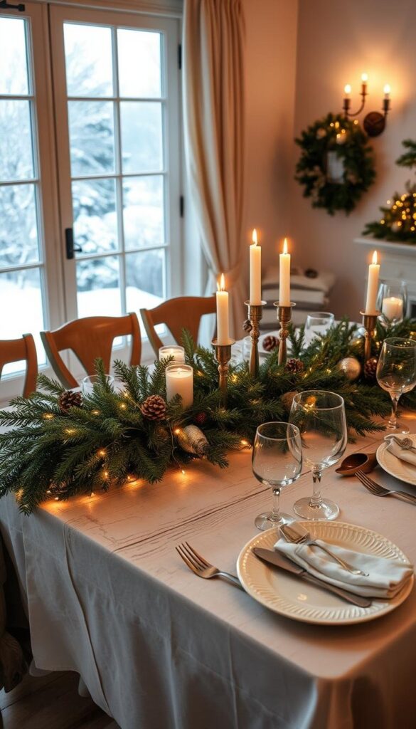 A cozy winter dining room setting, with a rustic wooden table dressed in a crisp white tablecloth. The table is adorned with a lush garland of evergreen boughs, pinecones, and twinkling string lights, casting a warm, festive glow. Elegant place settings feature gleaming silver cutlery, delicate china, and crystal stemware. Flickering candlelight dances across the scene, creating a soft, intimate atmosphere. In the background, a large window offers a view of a snow-covered landscape, while the room is illuminated by a mix of soft, diffused natural light and the gentle glow of sconces. The overall mood is one of welcoming comfort and holiday charm. A cozy winter dining room setting, with a rustic wooden table dressed in a crisp white tablecloth. The table is adorned with a lush garland of evergreen boughs, pinecones, and twinkling string lights, casting a warm, festive glow. Elegant place settings feature gleaming silver cutlery, delicate china, and crystal stemware. Flickering candlelight dances across the scene, creating a soft, intimate atmosphere. In the background, a large window offers a view of a snow-covered landscape, while the room is illuminated by a mix of soft, diffused natural light and the gentle glow of sconces. The overall mood is one of welcoming comfort and holiday charm.