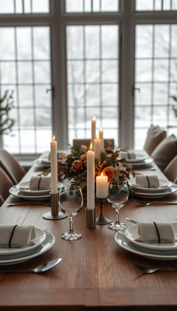A cozy winter dining room with a beautifully set table. In the foreground, a modern, minimalist tableware set with clean lines and a muted color palette - stark white plates, brushed steel cutlery, and delicate glassware. Candles flicker gently, casting a warm, intimate glow across the scene. In the middle ground, a central arrangement of seasonal foliage and dried florals, subtly accenting the tableware. The background is a softly blurred view of a snowy landscape, visible through large windows, suggesting a tranquil, frost-covered winter wonderland outside. The overall mood is one of understated elegance and refined, wintry sophistication. A cozy winter dining room with a beautifully set table. In the foreground, a modern, minimalist tableware set with clean lines and a muted color palette - stark white plates, brushed steel cutlery, and delicate glassware. Candles flicker gently, casting a warm, intimate glow across the scene. In the middle ground, a central arrangement of seasonal foliage and dried florals, subtly accenting the tableware. The background is a softly blurred view of a snowy landscape, visible through large windows, suggesting a tranquil, frost-covered winter wonderland outside. The overall mood is one of understated elegance and refined, wintry sophistication.