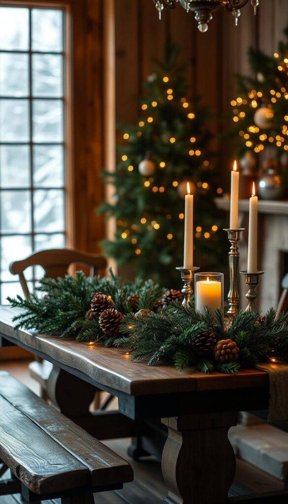 A cozy winter dining room with a rustic wooden table, adorned with a lush, evergreen garland, pinecones, and twinkling lights. Soft, warm lighting casts a gentle glow, complementing the natural textures of the room. Tall, slender candlesticks flicker, their flames dancing amidst the greenery. In the background, a large window frames a snowy, outdoor scene, blending the indoors and outdoors. The overall atmosphere is one of enchantment and serenity, perfect for a magical, winter dining experience. A cozy winter dining room with a rustic wooden table, adorned with a lush, evergreen garland, pinecones, and twinkling lights. Soft, warm lighting casts a gentle glow, complementing the natural textures of the room. Tall, slender candlesticks flicker, their flames dancing amidst the greenery. In the background, a large window frames a snowy, outdoor scene, blending the indoors and outdoors. The overall atmosphere is one of enchantment and serenity, perfect for a magical, winter dining experience.