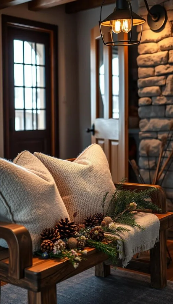 A cozy winter entryway with natural elements, captured in a warm, inviting light. In the foreground, a rustic wooden bench adorned with plush pillows and a soft fleece throw. Scattered across the bench, pinecones, dried flowers, and sprigs of evergreen foliage create a naturalistic display. In the middle ground, a half-open door frames a glimpse of the snowy landscape beyond, the soft light from within casting a gentle glow. The background features a stone or brick wall, its texture adding depth and character to the scene. Overhead, a simple yet elegant light fixture casts a warm, ambient glow, enhancing the cozy, welcoming atmosphere.