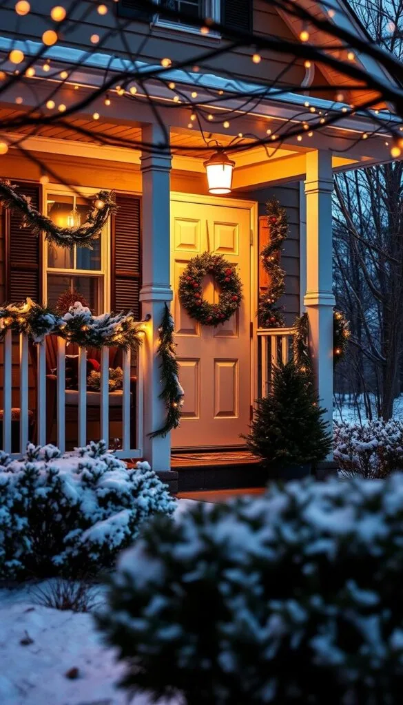 A cozy winter home, its exterior adorned with a delicate display of twinkling string lights. The warm glow casts a soft, inviting ambiance, illuminating the festive décor - garlands draped over the porch railings, a wintry wreath hanging on the door, and potted evergreens flanking the entryway. The scene is framed by a snowy landscape, with a gentle dusting of white covering the ground and the bare trees in the distance. The camera captures this intimate, enchanting moment, inviting the viewer to step inside and experience the magic of the season. A cozy winter home, its exterior adorned with a delicate display of twinkling string lights. The warm glow casts a soft, inviting ambiance, illuminating the festive décor - garlands draped over the porch railings, a wintry wreath hanging on the door, and potted evergreens flanking the entryway. The scene is framed by a snowy landscape, with a gentle dusting of white covering the ground and the bare trees in the distance. The camera captures this intimate, enchanting moment, inviting the viewer to step inside and experience the magic of the season.