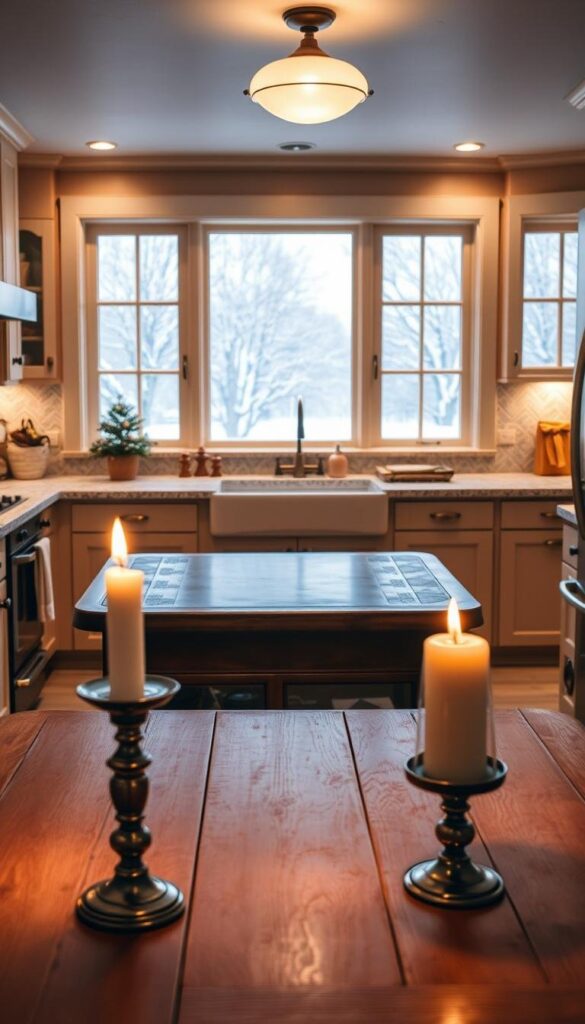 A cozy winter kitchen aglow with soft, warm lighting. The foreground features a wooden table with a simple, elegant table setting - a lone candle flickering, casting a gentle glow. In the middle ground, custom-built cabinetry with antique brass hardware lines the walls, radiating a inviting ambiance. The background showcases large, frosted windows overlooking a snowy landscape, allowing natural light to filter in and complement the artificial lighting. The overall mood is one of hygge - a sense of comfort, coziness and contentment perfect for the season. A cozy winter kitchen aglow with soft, warm lighting. The foreground features a wooden table with a simple, elegant table setting - a lone candle flickering, casting a gentle glow. In the middle ground, custom-built cabinetry with antique brass hardware lines the walls, radiating a inviting ambiance. The background showcases large, frosted windows overlooking a snowy landscape, allowing natural light to filter in and complement the artificial lighting. The overall mood is one of hygge - a sense of comfort, coziness and contentment perfect for the season.