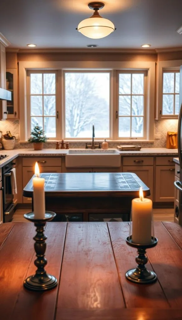 A cozy winter kitchen aglow with soft, warm lighting. The foreground features a wooden table with a simple, elegant table setting - a lone candle flickering, casting a gentle glow. In the middle ground, custom-built cabinetry with antique brass hardware lines the walls, radiating a inviting ambiance. The background showcases large, frosted windows overlooking a snowy landscape, allowing natural light to filter in and complement the artificial lighting. The overall mood is one of hygge - a sense of comfort, coziness and contentment perfect for the season.