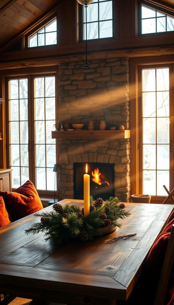 A cozy winter kitchen, bathed in warm, golden light streaming through large windows. In the foreground, a rustic wooden table is adorned with a centerpiece of pinecones, evergreen sprigs, and a single flickering candle. Plush, burgundy-hued cushions on the chairs invite guests to linger. In the middle ground, a stone fireplace crackles, casting a soft, ambient glow. Shelves above are filled with earthenware, complementing the natural, earthy palette. The background features frosted windowpanes, snow-dusted trees outside, and a sense of quiet, peaceful solitude, creating a welcoming, wintry atmosphere. A cozy winter kitchen, bathed in warm, golden light streaming through large windows. In the foreground, a rustic wooden table is adorned with a centerpiece of pinecones, evergreen sprigs, and a single flickering candle. Plush, burgundy-hued cushions on the chairs invite guests to linger. In the middle ground, a stone fireplace crackles, casting a soft, ambient glow. Shelves above are filled with earthenware, complementing the natural, earthy palette. The background features frosted windowpanes, snow-dusted trees outside, and a sense of quiet, peaceful solitude, creating a welcoming, wintry atmosphere.