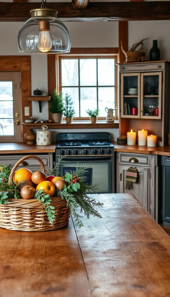A cozy winter kitchen with a rustic charm. In the foreground, wicker baskets filled with fresh produce and seasonal foliage adorn a sturdy wooden table. The middle ground showcases a vintage-inspired oven and a weathered farmhouse-style hutch, both complemented by the warm glow of candlelight. In the background, a large window frames a snowy outdoor scene, casting a soft, natural light throughout the space. The overall atmosphere is one of functional elegance, where practicality and aesthetic blend seamlessly to create a welcoming, inviting ambiance. A cozy winter kitchen with a rustic charm. In the foreground, wicker baskets filled with fresh produce and seasonal foliage adorn a sturdy wooden table. The middle ground showcases a vintage-inspired oven and a weathered farmhouse-style hutch, both complemented by the warm glow of candlelight. In the background, a large window frames a snowy outdoor scene, casting a soft, natural light throughout the space. The overall atmosphere is one of functional elegance, where practicality and aesthetic blend seamlessly to create a welcoming, inviting ambiance.