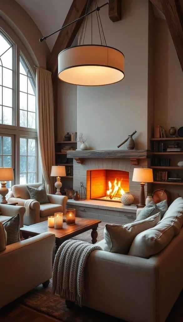 A cozy winter living room, bathed in a warm, flickering glow from a crackling fireplace. Plush, oversized armchairs and a soft, tufted sofa invite you to sink in and relax. Ambient lighting from table lamps and a large, inviting chandelier above cast a gentle, diffused illumination, creating a intimate, hygge-inspired atmosphere. Wooden accents, such as a rustic coffee table and shelving, add depth and texture, while a cozy, knitted throw and plush pillows complete the scene, making it feel welcoming and lived-in. The overall impression is one of comfort, tranquility, and a sense of retreat from the cold winter outside. A cozy winter living room, bathed in a warm, flickering glow from a crackling fireplace. Plush, oversized armchairs and a soft, tufted sofa invite you to sink in and relax. Ambient lighting from table lamps and a large, inviting chandelier above cast a gentle, diffused illumination, creating a intimate, hygge-inspired atmosphere. Wooden accents, such as a rustic coffee table and shelving, add depth and texture, while a cozy, knitted throw and plush pillows complete the scene, making it feel welcoming and lived-in. The overall impression is one of comfort, tranquility, and a sense of retreat from the cold winter outside.