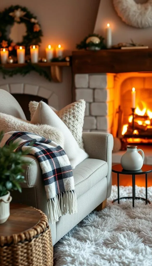 A cozy winter living room, bathed in warm, soft light from a crackling fireplace. Plush throw pillows and a fluffy rug adorn the scene, complemented by wooden accents and a touch of greenery from a potted plant. Candles flicker on the mantelpiece, casting a gentle glow and creating a serene, inviting atmosphere. A plaid blanket drapes elegantly over the arm of a comfortable armchair, while a decorative ceramic vase filled with pinecones sits on a side table. The room exudes a sense of hygge, blending rustic and modern elements to capture the essence of winter charm. A cozy winter living room, bathed in warm, soft light from a crackling fireplace. Plush throw pillows and a fluffy rug adorn the scene, complemented by wooden accents and a touch of greenery from a potted plant. Candles flicker on the mantelpiece, casting a gentle glow and creating a serene, inviting atmosphere. A plaid blanket drapes elegantly over the arm of a comfortable armchair, while a decorative ceramic vase filled with pinecones sits on a side table. The room exudes a sense of hygge, blending rustic and modern elements to capture the essence of winter charm.