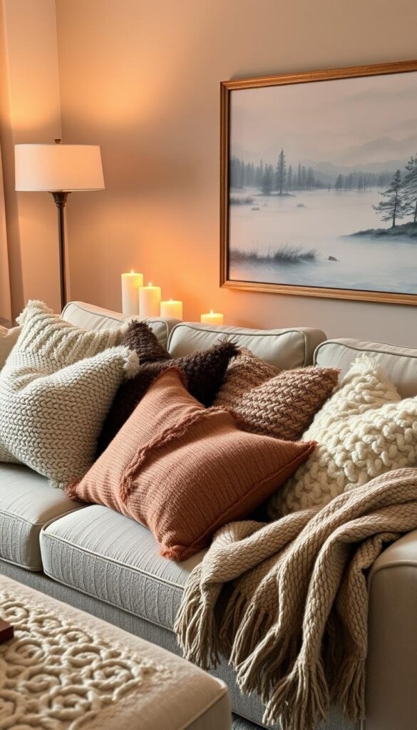 A cozy winter living room with plush textured pillows in a variety of seasonal colors and patterns arranged on a neutral sofa. Soft ambient lighting from a floor lamp and candlelight creates a warm, inviting atmosphere. Woven blankets and throws add layers of texture, while a large, framed landscape painting hangs on the wall, echoing the serene natural tones. The space feels balanced, harmonious, and reflective of the tranquil winter season. A cozy winter living room with plush textured pillows in a variety of seasonal colors and patterns arranged on a neutral sofa. Soft ambient lighting from a floor lamp and candlelight creates a warm, inviting atmosphere. Woven blankets and throws add layers of texture, while a large, framed landscape painting hangs on the wall, echoing the serene natural tones. The space feels balanced, harmonious, and reflective of the tranquil winter season.