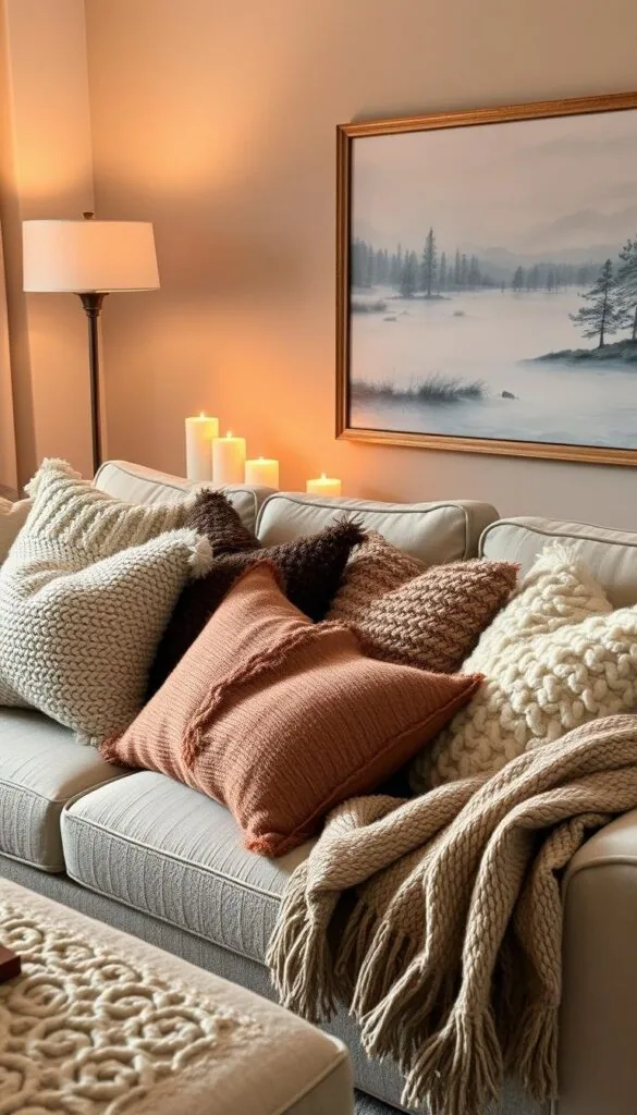 A cozy winter living room with plush textured pillows in a variety of seasonal colors and patterns arranged on a neutral sofa. Soft ambient lighting from a floor lamp and candlelight creates a warm, inviting atmosphere. Woven blankets and throws add layers of texture, while a large, framed landscape painting hangs on the wall, echoing the serene natural tones. The space feels balanced, harmonious, and reflective of the tranquil winter season.