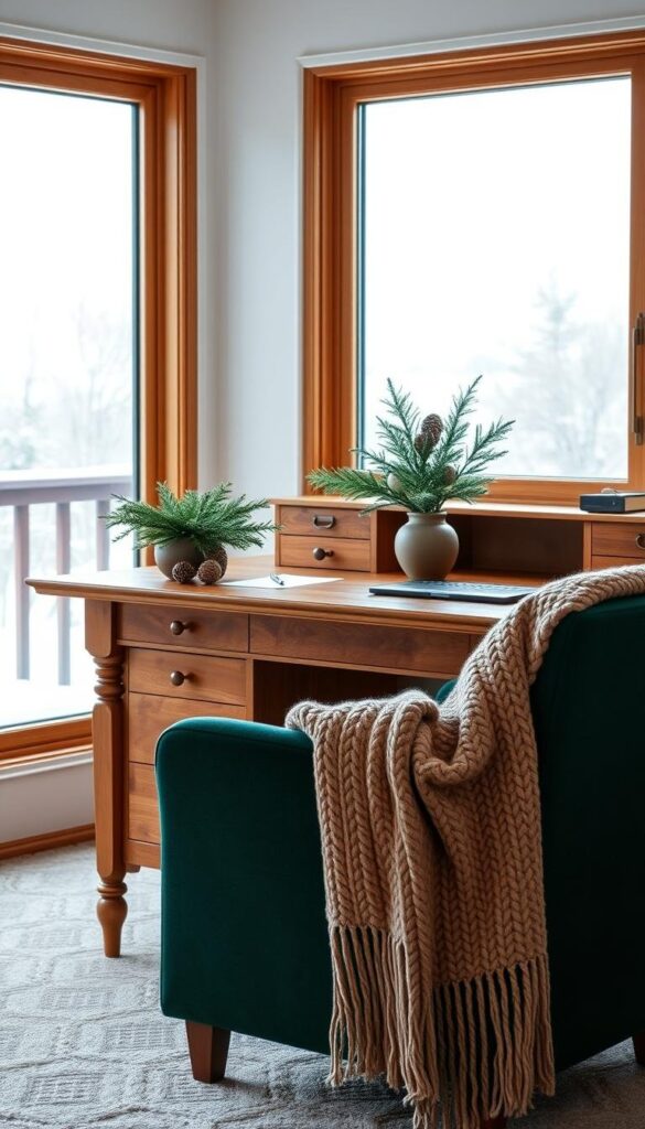 A cozy winter office scene with a warm wooden desk, a large window overlooking a snowy landscape, and a plush armchair in a deep emerald green. The room is bathed in soft, diffused lighting, creating a serene and inviting atmosphere. On the desk, a vase of fresh evergreen sprigs and pinecones adds a touch of natural, seasonal charm. A knitted throw blanket in a muted earth-toned palette is draped over the chair, inviting you to curl up and admire the winter wonderland outside. The overall color scheme embraces the rich, jewel-toned hues of the season, fostering a sense of coziness and inspiration. A cozy winter office scene with a warm wooden desk, a large window overlooking a snowy landscape, and a plush armchair in a deep emerald green. The room is bathed in soft, diffused lighting, creating a serene and inviting atmosphere. On the desk, a vase of fresh evergreen sprigs and pinecones adds a touch of natural, seasonal charm. A knitted throw blanket in a muted earth-toned palette is draped over the chair, inviting you to curl up and admire the winter wonderland outside. The overall color scheme embraces the rich, jewel-toned hues of the season, fostering a sense of coziness and inspiration.