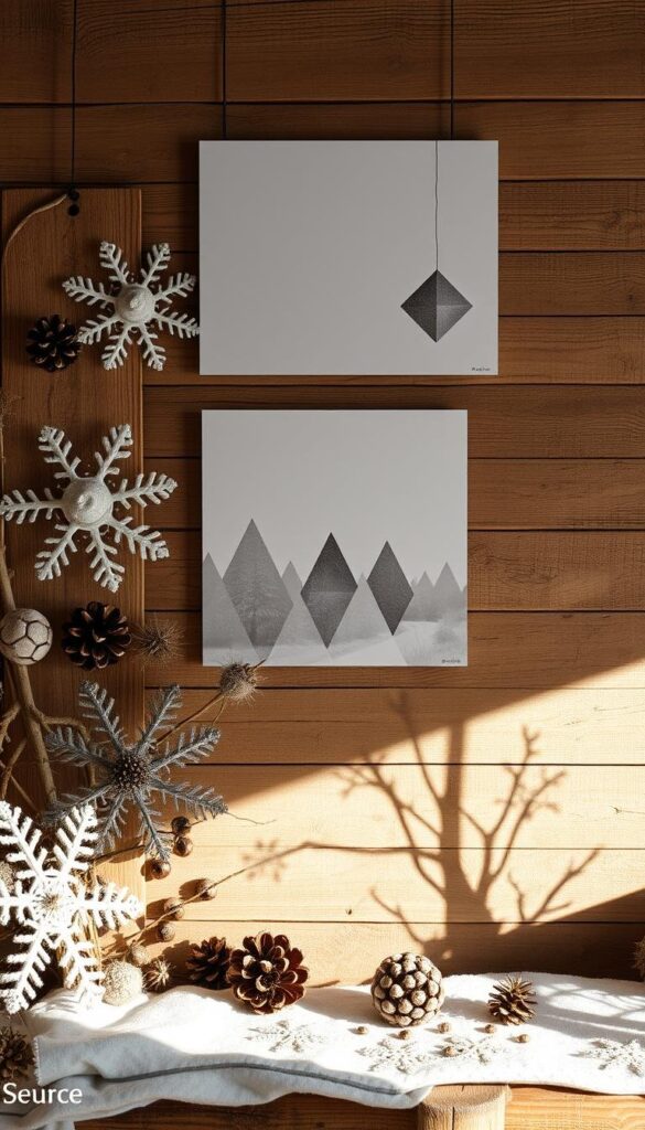 A cozy winter scene featuring a rustic wooden wall adorned with handcrafted DIY wall art. In the foreground, a collection of textured snowflakes, pinecones, and dried botanicals are artfully arranged, casting dynamic shadows on the wall. The middle ground showcases a series of minimalist, geometric shapes in muted winter hues, creating a captivating abstract pattern. The background is a soft, ethereal winter landscape, with a subtle glow from a warm lighting source to evoke a sense of tranquility and hygge. The overall composition exudes a harmonious blend of natural materials, geometric forms, and a serene, winter-inspired ambiance.