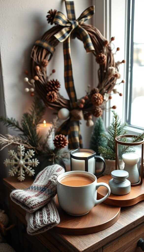 A cozy winter scene featuring a rustic wooden wreath adorned with pinecones, dried berries, and a plaid ribbon. In the foreground, a pair of knitted mittens and a mug of steaming hot cocoa sit atop a wooden side table. Surrounding the table, various winter-themed accents like a ceramic snowflake, a candle in a glass lantern, and a small potted evergreen create a warm, inviting atmosphere. Soft, diffused lighting from a nearby window casts a gentle glow, highlighting the natural textures and colors. The overall mood is one of hygge, inviting the viewer to pause and savor the simple pleasures of the season. A cozy winter scene featuring a rustic wooden wreath adorned with pinecones, dried berries, and a plaid ribbon. In the foreground, a pair of knitted mittens and a mug of steaming hot cocoa sit atop a wooden side table. Surrounding the table, various winter-themed accents like a ceramic snowflake, a candle in a glass lantern, and a small potted evergreen create a warm, inviting atmosphere. Soft, diffused lighting from a nearby window casts a gentle glow, highlighting the natural textures and colors. The overall mood is one of hygge, inviting the viewer to pause and savor the simple pleasures of the season.