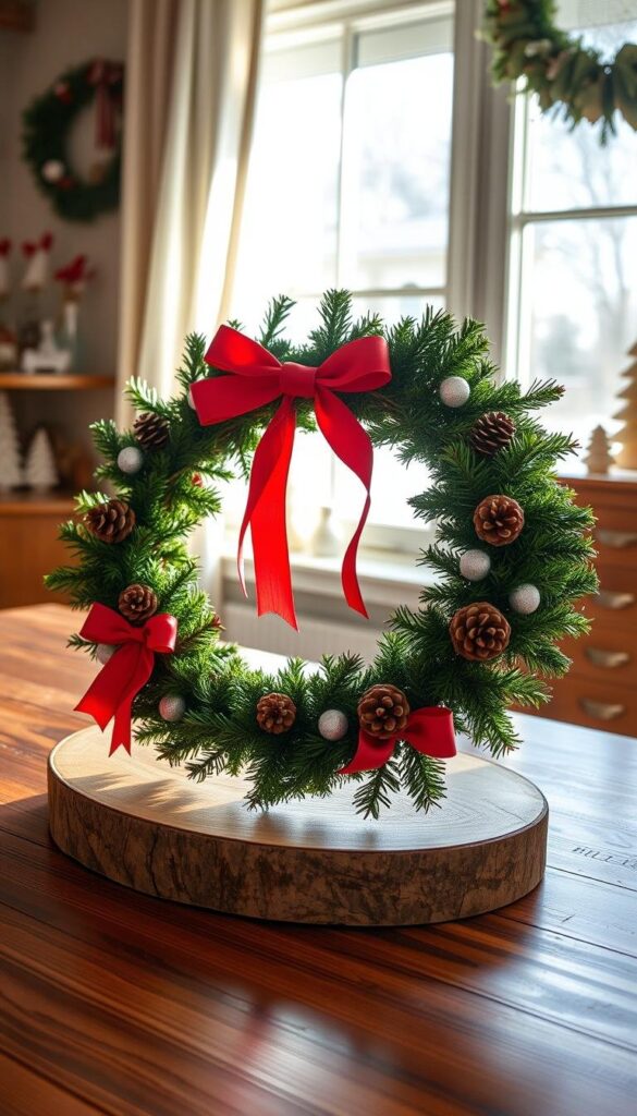 A cozy winter scene with a beautifully crafted DIY wreath taking center stage. The wreath is made of lush evergreen branches, festive red ribbons, and delicate pinecones artfully arranged. Natural lighting filters through a window, casting a warm glow on the wreath and the wooden tabletop it rests upon. In the background, a collection of winter-themed trinkets and decorations add to the inviting atmosphere. The composition emphasizes the thoughtful, handmade nature of the wreath, inviting the viewer to imagine the creativity and care that went into its creation. A cozy winter scene with a beautifully crafted DIY wreath taking center stage. The wreath is made of lush evergreen branches, festive red ribbons, and delicate pinecones artfully arranged. Natural lighting filters through a window, casting a warm glow on the wreath and the wooden tabletop it rests upon. In the background, a collection of winter-themed trinkets and decorations add to the inviting atmosphere. The composition emphasizes the thoughtful, handmade nature of the wreath, inviting the viewer to imagine the creativity and care that went into its creation.