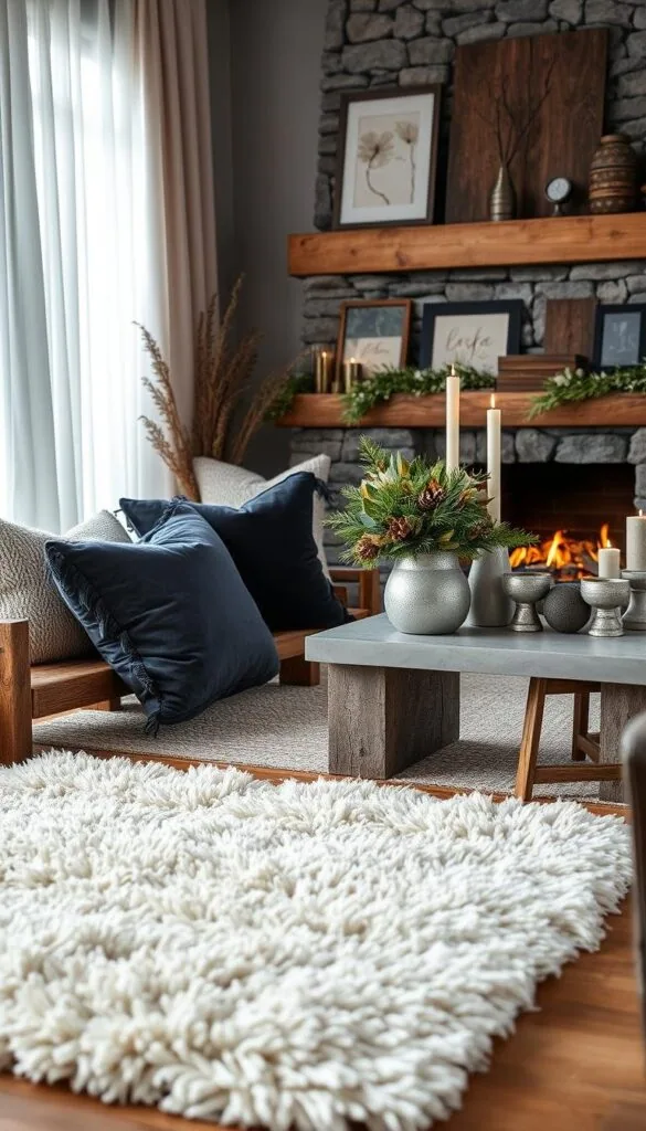 A cozy winter scene with various textures and materials layered throughout. In the foreground, a plush ivory shag rug and a rustic wooden bench adorned with lush velvet pillows in deep jewel tones. The middle ground features a sleek concrete side table topped with an array of seasonal botanicals, pinecones, and candlesticks in hammered metal and matte ceramic finishes. In the background, a stone fireplace mantel displaying an eclectic mix of framed artwork, weathered wood, and metallic accents, all illuminated by the warm glow of a crackling fire. Soft, diffused lighting filters through sheer white curtains, creating a moody, atmospheric ambiance. This harmonious blend of textures transforms the space into an inviting, visually captivating winter retreat.