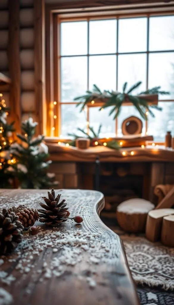 A cozy winter scene with warm wood accents throughout the frame. In the foreground, a rustic wooden table or bench, its surface adorned with pinecones, dried berries, and a dusting of fresh snow. In the middle ground, a fireplace mantel displaying an artful arrangement of weathered wood, twinkling fairy lights, and fragrant evergreen sprigs. The background features a large window, framed by natural wood trimmings, overlooking a tranquil snowy landscape outside. Soft, diffused lighting casts a gentle glow, creating an inviting and serene atmosphere. The overall mood is one of hygge - a sense of cozy, comfortable contentment amidst the winter chill.